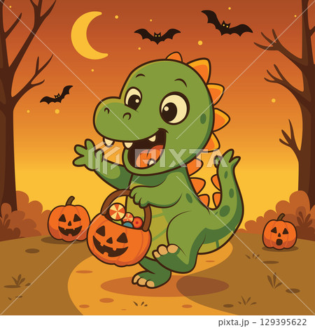 Cute Halloween Dinosaur Trick-or-Treating with Candy Bucket - Cartoon Illustration. Cute Halloween Dinosaur Trick-or-Treating with Candy Bucket - Cartoon Illustration. 129395622