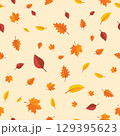 Seamless autumn pattern with leaves on yellow background. Flat autumn forest leaves. 129395623