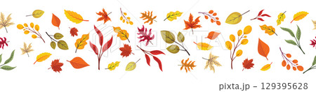 Seamless horizontal border with autumn leaves pattern, isolated on white background. Design for harvest holiday. Seamless horizontal border with autumn leaves pattern, isolated on white background. Design for harvest holiday. 129395628