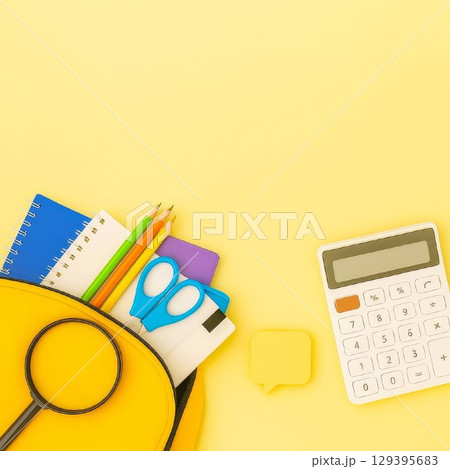School supplies on green background. notebooks, colored pencils, scissors, calculator, sticky notes, Back to school concept. School supplies on green background. notebooks, colored pencils, scissors, calculator, sticky notes, Back to school concept. 129395683