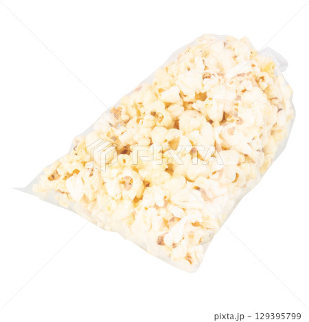 Popcorn in a Plastic Bag Tied with a Rubber Band on White Background Popcorn in a Plastic Bag Tied with a Rubber Band on White Background 129395799