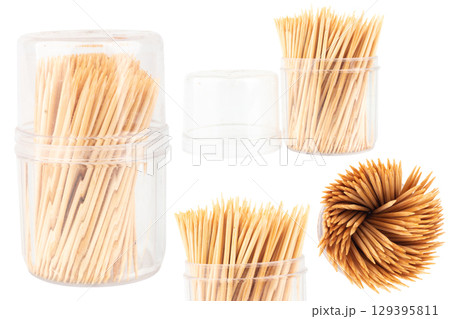 Toothpicks in a Clear Plastic Bottle on White Background Toothpicks in a Clear Plastic Bottle on White Background 129395811