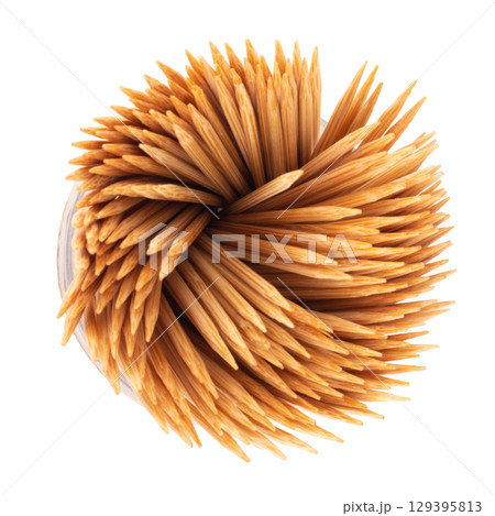 Top View of Toothpicks in Clear Plastic Bottle on White Background 129395813