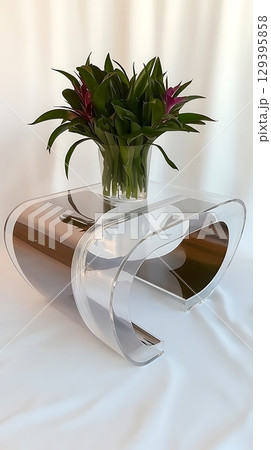 A clear table with a vase of purple flowers on it 129395858