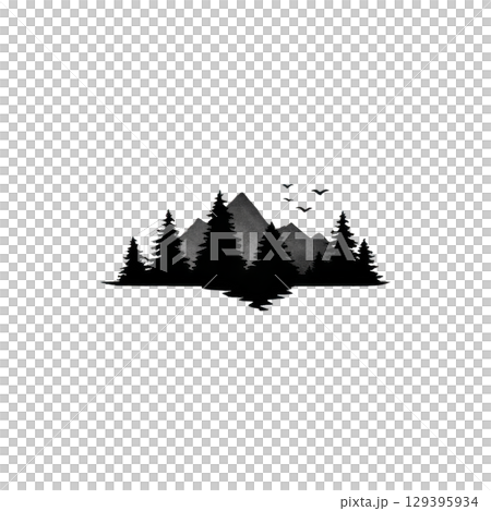 Minimalist black and white illustration of mountain range with pine trees and birds flying above, evoking sense of tranquility and nature 129395934