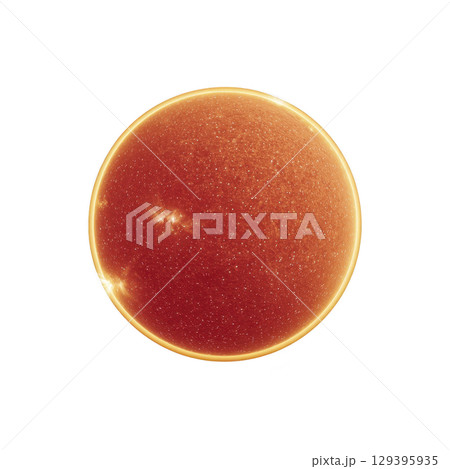 This shows detailed view of sun, highlighting its fiery surface and solar activity. bright, glowing appearance captures intense heat and energy emitted by sun 129395935
