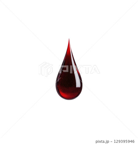 Single, glossy red droplet of liquid, resembling blood drop, is isolated on transparency background, creating dramatic and striking visual effect 129395946