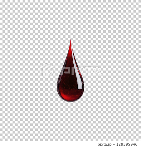 Single, glossy red droplet of liquid, resembling blood drop, is isolated on transparency background, creating dramatic and striking visual effect 129395946