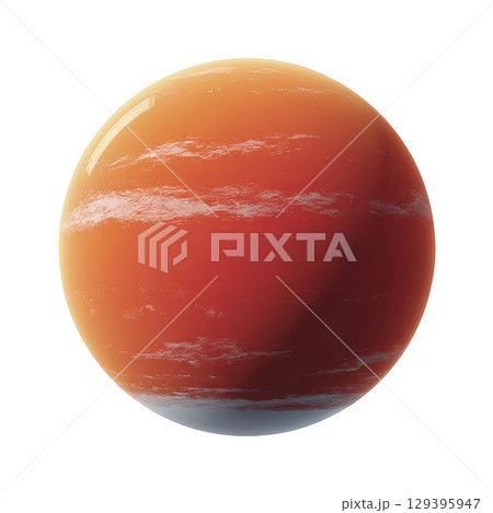 Digitally rendered image of vibrant orange and red planet with swirling white clouds, set against transparent background, evokes sense of cosmic wonder 129395947