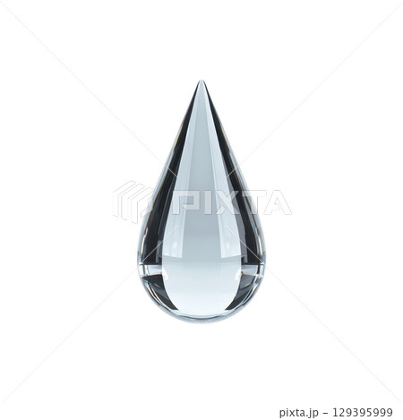Clear, reflective water droplet is suspended against transparency background, showcasing its smooth, glass like surface and symmetrical shape. droplet transparency and shine create sense of purity 129395999