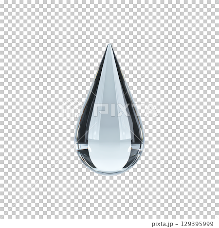 Clear, reflective water droplet is suspended against transparency background, showcasing its smooth, glass like surface and symmetrical shape. droplet transparency and shine create sense of purity 129395999