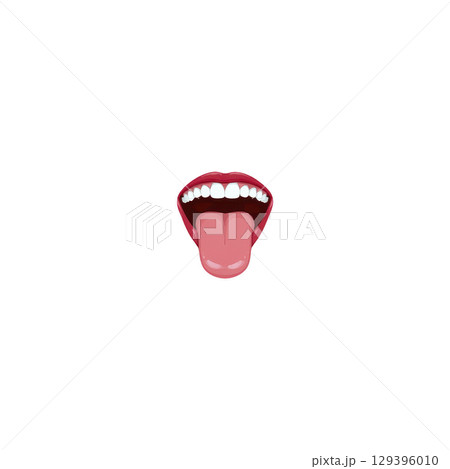 Cartoon mouth with open expression shows teeth and tongue, conveying excitement or surprise. vibrant red lips and detailed teeth add playful touch 129396010
