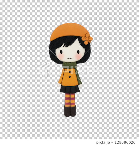Cute cartoon character with cheerful expression, wearing orange beret, matching coat, and striped leggings, exudes playful and whimsical charm 129396020