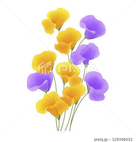 Yellow and purple flowers with delicate petals are arranged in vibrant bouquet, showcasing harmonious blend of colors. illustration captures beauty and elegance of nature 129396032