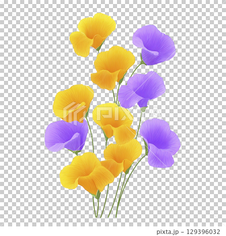 Yellow and purple flowers with delicate petals are arranged in vibrant bouquet, showcasing harmonious blend of colors. illustration captures beauty and elegance of nature 129396032