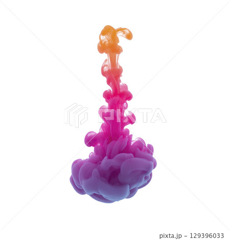 Vibrant swirl of pink, purple, and orange ink creates mesmerizing cloud like formation against transparency background, evoking sense of creativity and fluidity 129396033