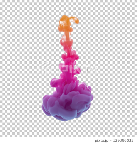 Vibrant swirl of pink, purple, and orange ink creates mesmerizing cloud like formation against transparency background, evoking sense of creativity and fluidity 129396033