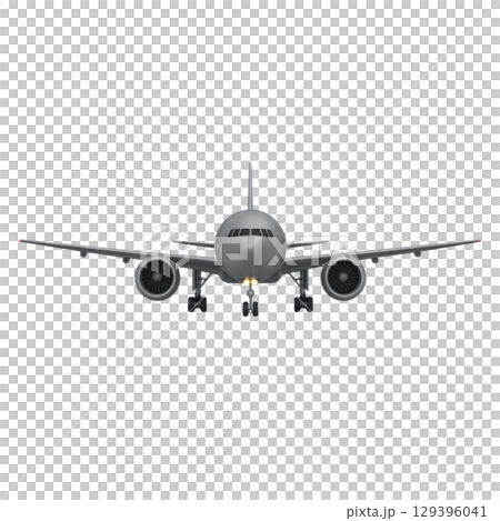 Front view of commercial airplane with landing gear extended, showcasing its sleek design and powerful engines. aircraft is set against transparent background, emphasizing its modern engineering 129396041
