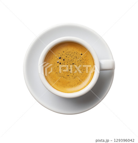 Steaming cup of espresso sits in white ceramic cup on matching saucer, viewed from above. rich, golden crema on top adds touch of warmth and invites comforting experience 129396042