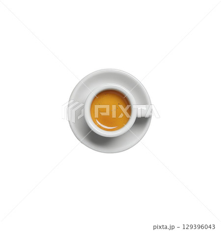 Top view of white cup filled with espresso on saucer, isolated on transparency background, showcasing rich, dark coffee with light crema on top Top view of white cup filled with espresso on saucer, isolated on transparency background, showcasing rich, dark coffee with light crema on top 129396043