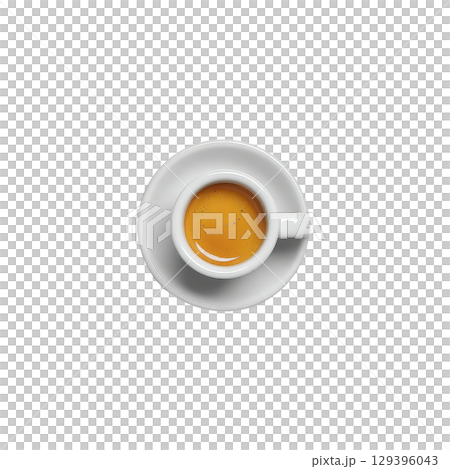 Top view of white cup filled with espresso on saucer, isolated on transparency background, showcasing rich, dark coffee with light crema on top Top view of white cup filled with espresso on saucer, isolated on transparency background, showcasing rich, dark coffee with light crema on top 129396043