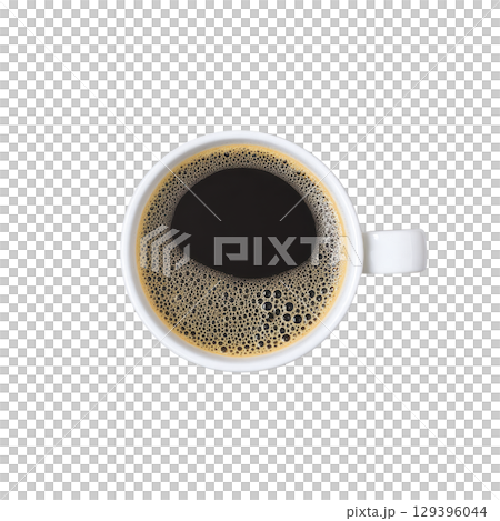 Steaming cup of black coffee in white ceramic mug viewed from above, showcasing rich, dark liquid and frothy bubbles. simplicity and elegance evoke sense of calm and focus 129396044