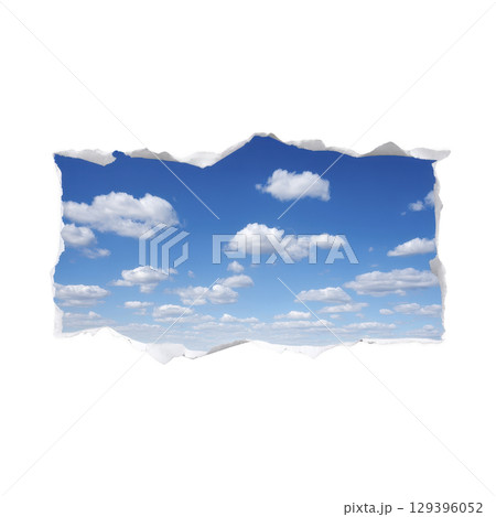 Torn paper effect reveals bright blue sky with fluffy white clouds, creating sense of freedom and openness. contrast between paper edges and sky adds depth and intrigue Torn paper effect reveals bright blue sky with fluffy white clouds, creating sense of freedom and openness. contrast between paper edges and sky adds depth and intrigue 129396052