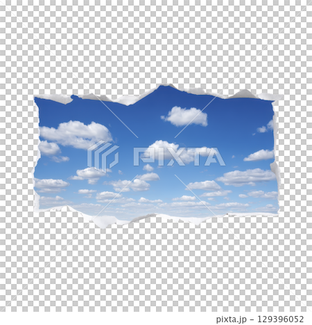 Torn paper effect reveals bright blue sky with fluffy white clouds, creating sense of freedom and openness. contrast between paper edges and sky adds depth and intrigue Torn paper effect reveals bright blue sky with fluffy white clouds, creating sense of freedom and openness. contrast between paper edges and sky adds depth and intrigue 129396052
