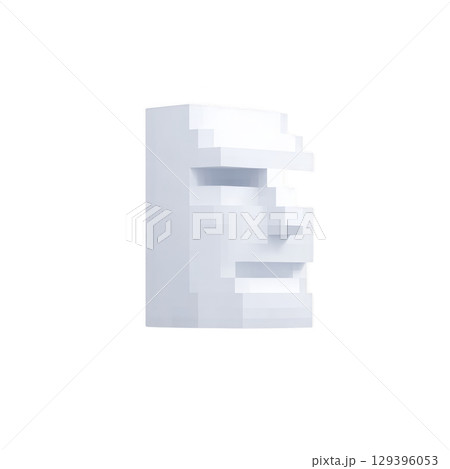 3D pixelated white face sculpture with minimalist design, featuring geometric shapes and blocky appearance, set against plain background 129396053