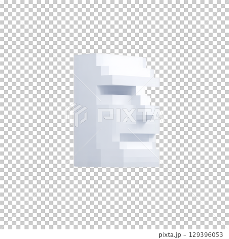 3D pixelated white face sculpture with minimalist design, featuring geometric shapes and blocky appearance, set against plain background 129396053