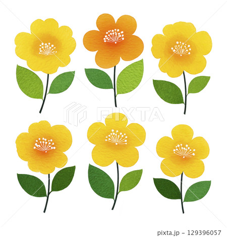 Six vibrant yellow and orange flowers with green leaves are arranged in two rows on transparency background, showcasing cheerful and colorful floral design Six vibrant yellow and orange flowers with green leaves are arranged in two rows on transparency background, showcasing cheerful and colorful floral design 129396057