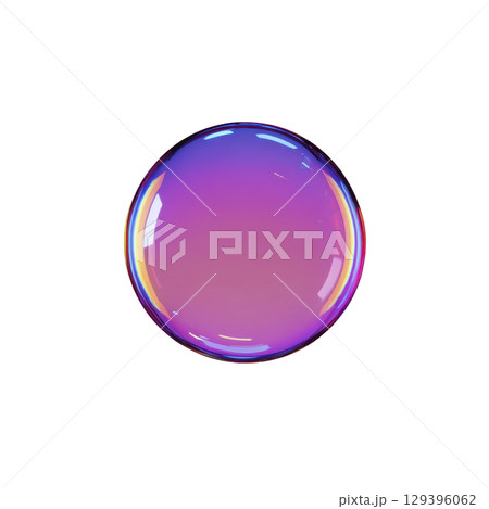 Vibrant, iridescent soap bubble with gradient of pink, purple, and blue hues floats against transparency background, showcasing its delicate and translucent nature 129396062