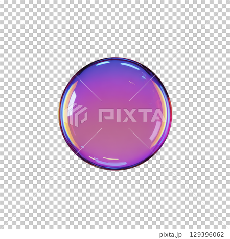 Vibrant, iridescent soap bubble with gradient of pink, purple, and blue hues floats against transparency background, showcasing its delicate and translucent nature 129396062