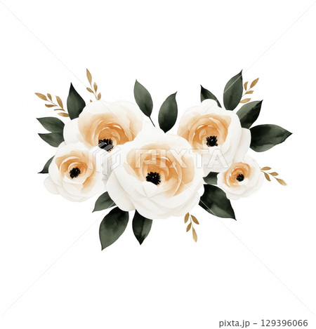 Elegant watercolor illustration of white and peach roses with lush green leaves, creating delicate and romantic floral arrangement. Perfect for wedding invitations or decor Elegant watercolor illustration of white and peach roses with lush green leaves, creating delicate and romantic floral arrangement. Perfect for wedding invitations or decor 129396066