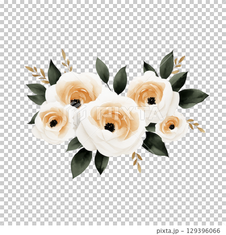 Elegant watercolor illustration of white and peach roses with lush green leaves, creating delicate and romantic floral arrangement. Perfect for wedding invitations or decor Elegant watercolor illustration of white and peach roses with lush green leaves, creating delicate and romantic floral arrangement. Perfect for wedding invitations or decor 129396066