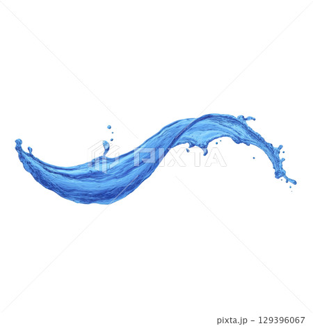 Dynamic splash of blue water forms graceful wave shape against transparent background, capturing motion and fluidity. vibrant color and movement evoke sense of freshness and energy 129396067
