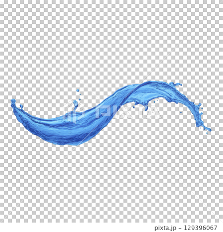 Dynamic splash of blue water forms graceful wave shape against transparent background, capturing motion and fluidity. vibrant color and movement evoke sense of freshness and energy 129396067