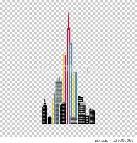 Colorful illustration of modern city skyline with tall skyscrapers, featuring vibrant red, blue, and yellow accents against transparency background. design is sleek and contemporary 129396069