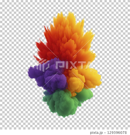 Vibrant explosion of colorful powder creates dynamic and energetic display, featuring shades of red, orange, yellow, green, and purple. abstract composition evokes sense of creativity 129396078
