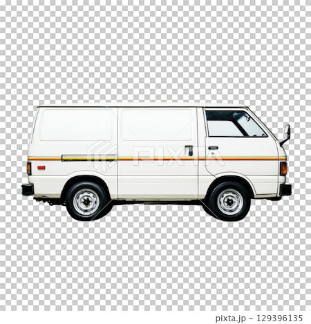 Classic white van with retro orange stripes is shown in side view, highlighting its vintage design and compact size. vehicle clean lines and nostalgic style evoke sense of adventure Classic white van with retro orange stripes is shown in side view, highlighting its vintage design and compact size. vehicle clean lines and nostalgic style evoke sense of adventure 129396135
