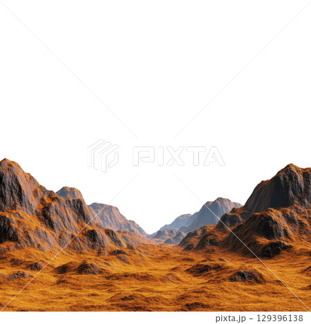 Barren, rocky landscape under pitch black sky evokes sense of isolation and mystery. terrain is rugged with orange and brown hues, resembling Martian or alien surface 129396138
