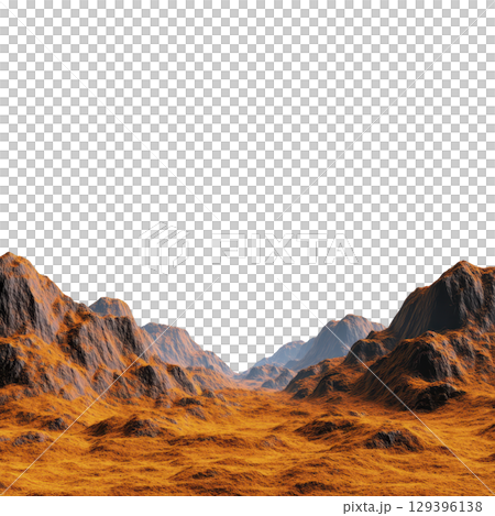 Barren, rocky landscape under pitch black sky evokes sense of isolation and mystery. terrain is rugged with orange and brown hues, resembling Martian or alien surface 129396138