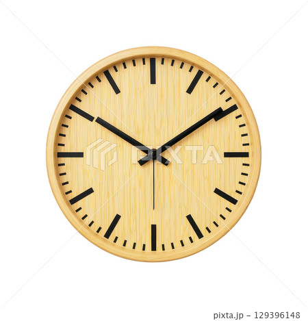 Round wall clock with wooden finish and black hour markers and hands, displaying minimalist design. clock simple aesthetic adds touch of elegance to any room decor 129396148