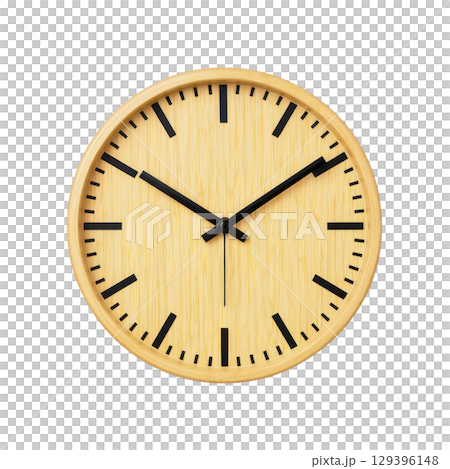 Round wall clock with wooden finish and black hour markers and hands, displaying minimalist design. clock simple aesthetic adds touch of elegance to any room decor 129396148