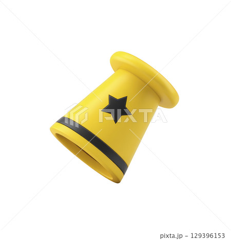 Yellow plastic toy cone with black star and stripe design, isolated on transparency background, is shown. cone is tilted, giving playful and dynamic appearance 129396153