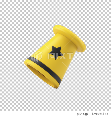 Yellow plastic toy cone with black star and stripe design, isolated on transparency background, is shown. cone is tilted, giving playful and dynamic appearance 129396153