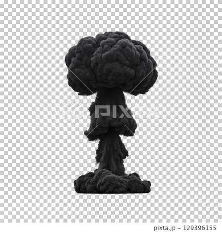 Large, dark mushroom cloud rises dramatically against stark background, symbolizing power and destruction. ominous shape evokes sense of awe and fear 129396155