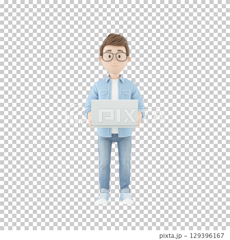 Cartoon character with glasses and blue jacket holds laptop, standing confidently. character wears jeans and sneakers, embodying casual, tech savvy style 129396167