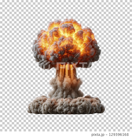 Powerful explosion with fiery mushroom cloud rises dramatically, showcasing intense energy and destruction. image captures dynamic movement of smoke and fire, evoking sense of awe and danger 129396168