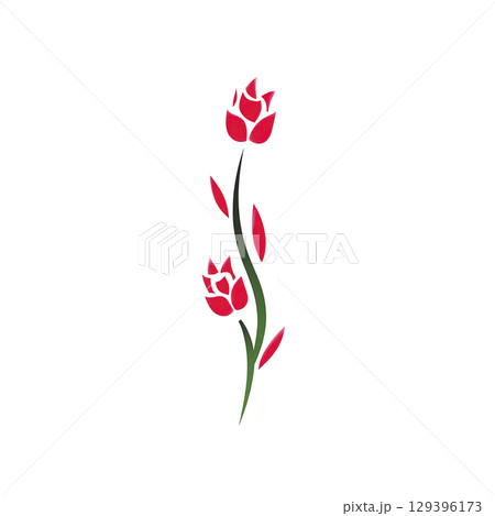 Simple illustration of two red flowers with green stems and leaves on transparency background, showcasing minimalist and elegant design 129396173